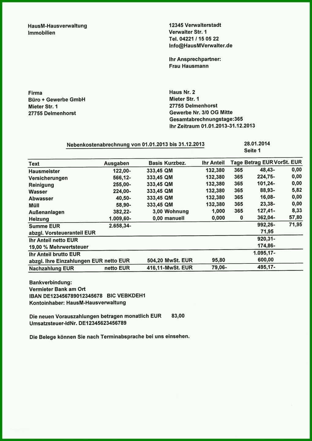 Beeindruckend Excel Vorlage Für Nebenkostenabrechnung 1240x1754