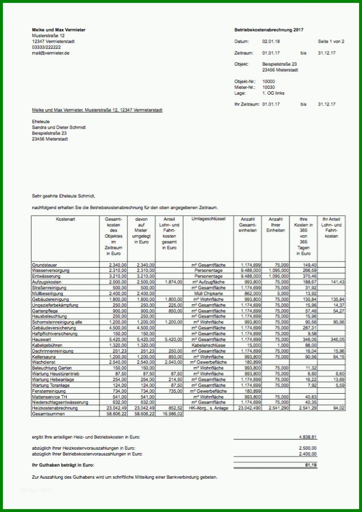 Hervorragen Nebenkostenabrechnung Erstellen Vorlage 749x1060