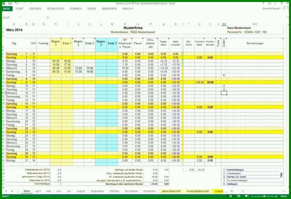 Faszinieren Arbeitszeiterfassung Excel Vorlage 1321x905