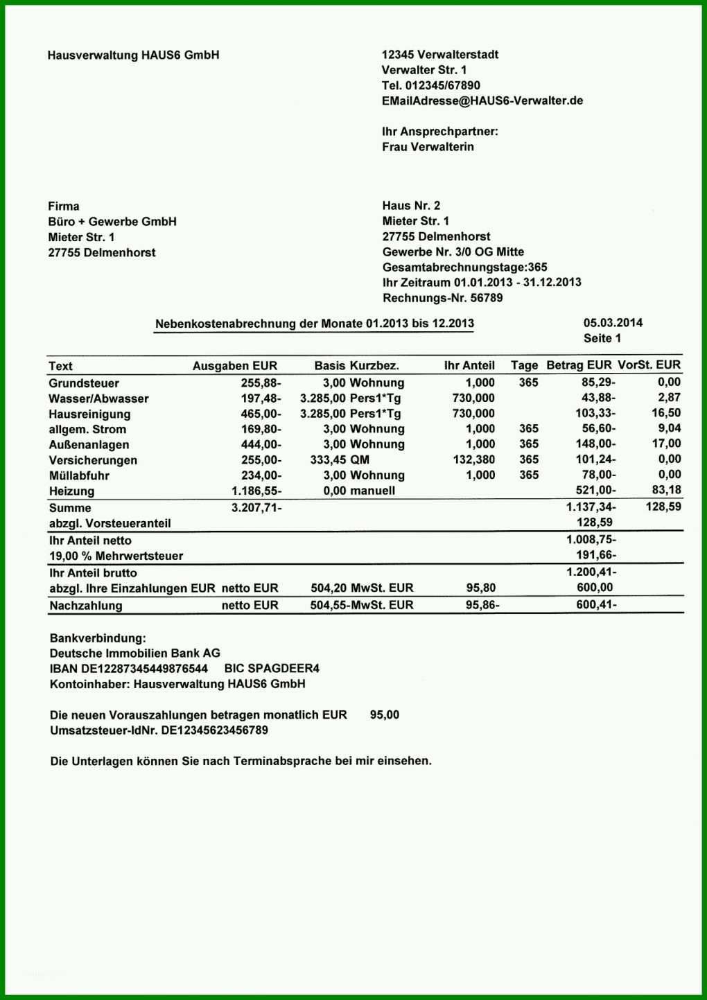 Wunderschönen Nebenkostenabrechnung Vorlage Excel Kostenlos 1240x1754