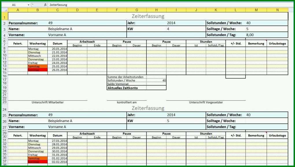 Moderne Arbeitszeit Excel Vorlage 1430x810