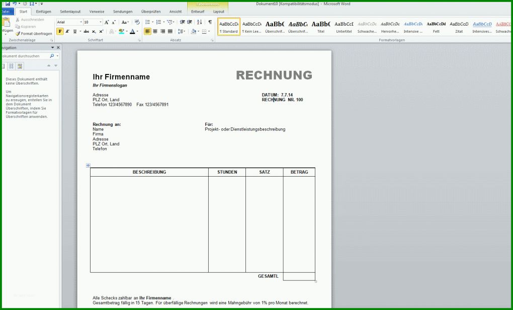 Fabelhaft Rechnung Schreiben Vorlage Word 1604x968