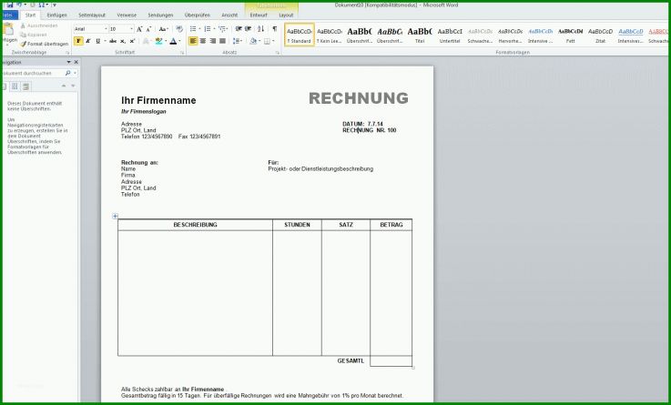 Fabelhaft Rechnung Schreiben Vorlage Word 1604x968