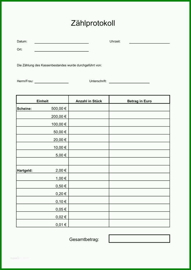 Erstaunlich Kassenbuch Zählprotokoll Vorlage 724x1024