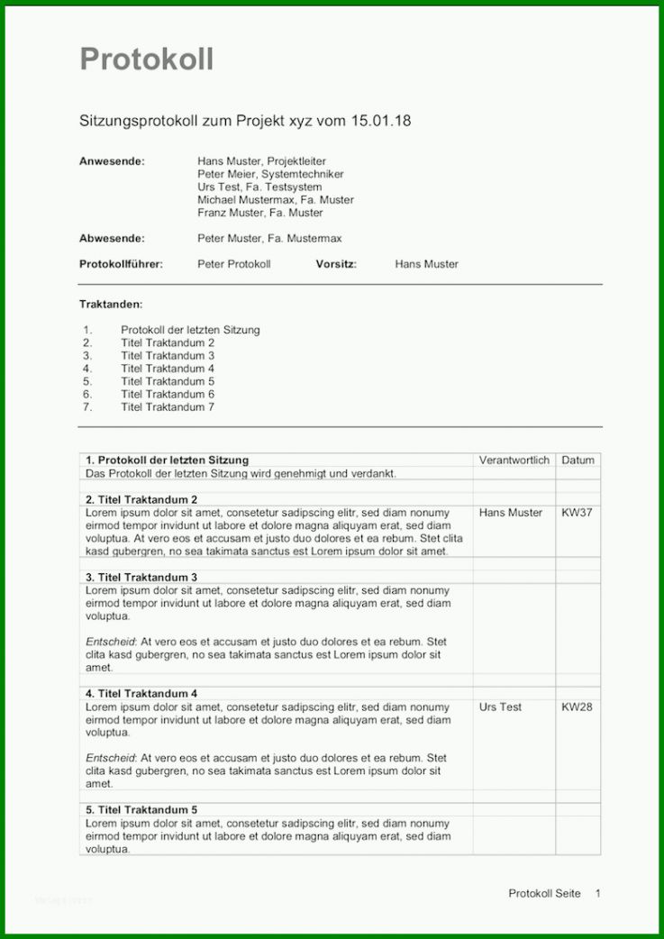 Ideal Sitzungsprotokoll Vorlage 781x1104