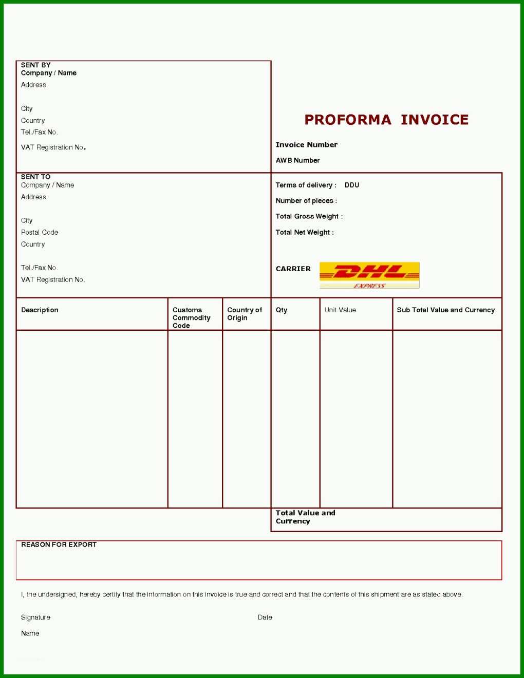 Beste Proforma Invoice Vorlage 1275x1650