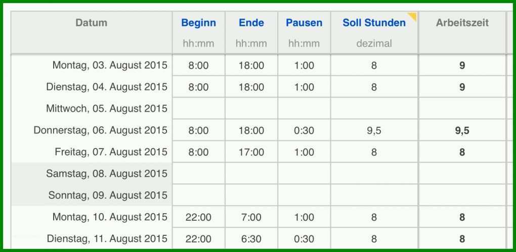 Empfohlen Arbeitszeit Vorlage 1496x732