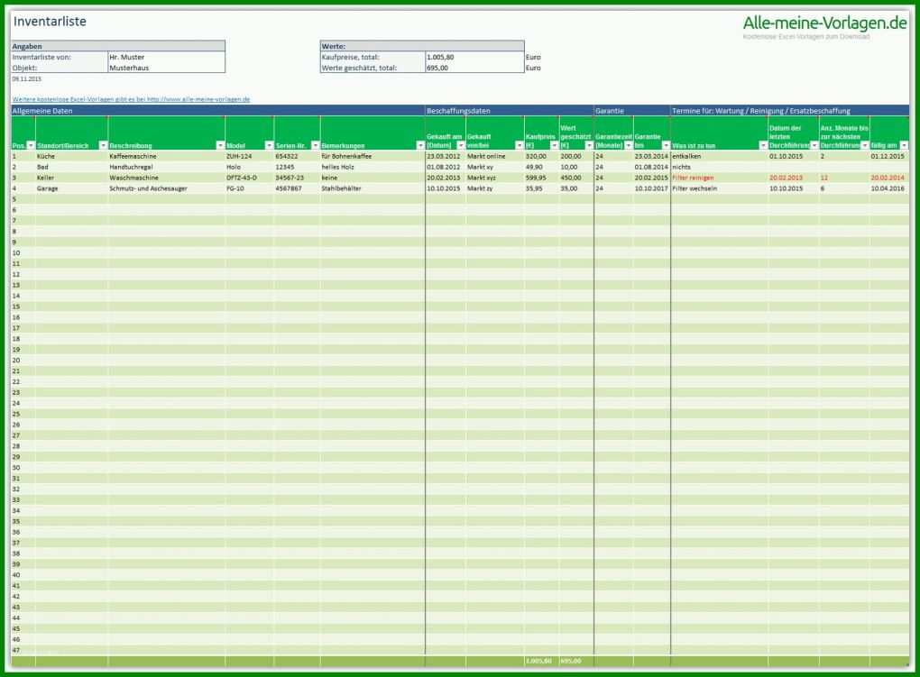 Spezialisiert Inventarliste Excel Vorlage 1714x1262