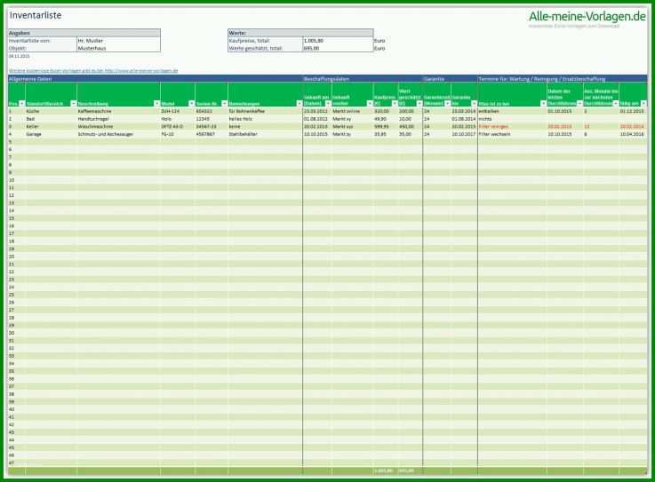 Spezialisiert Inventarliste Excel Vorlage 1714x1262
