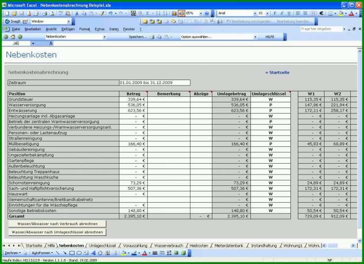 Fabelhaft Nebenkostenabrechnung Excel Vorlage 1178x854