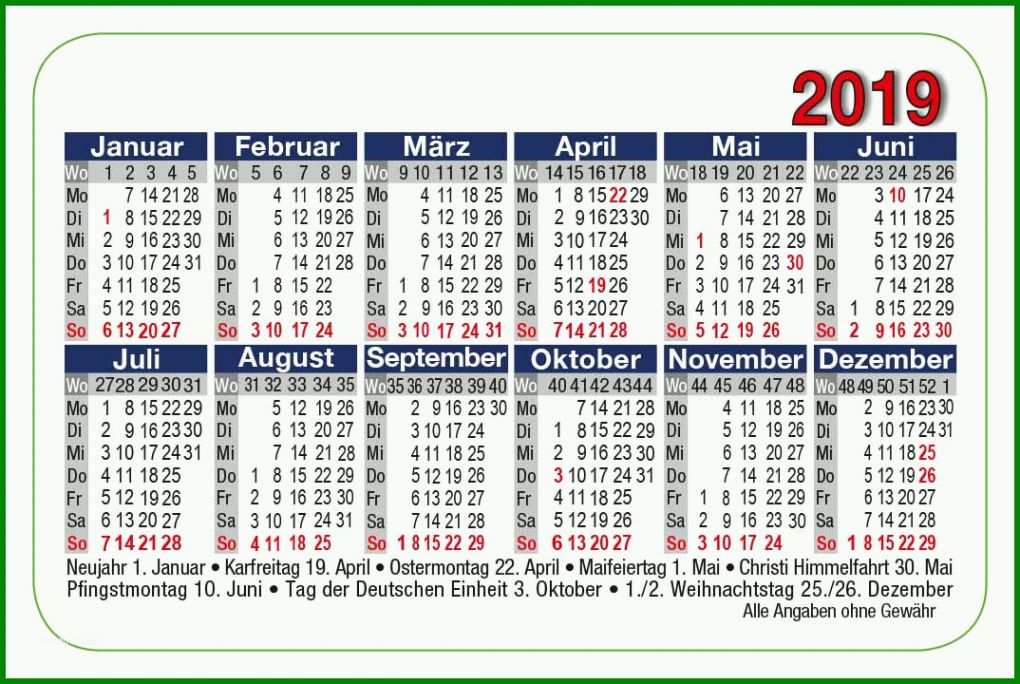 Moderne Visitenkarten Kalender 2019 Vorlage 1074x720