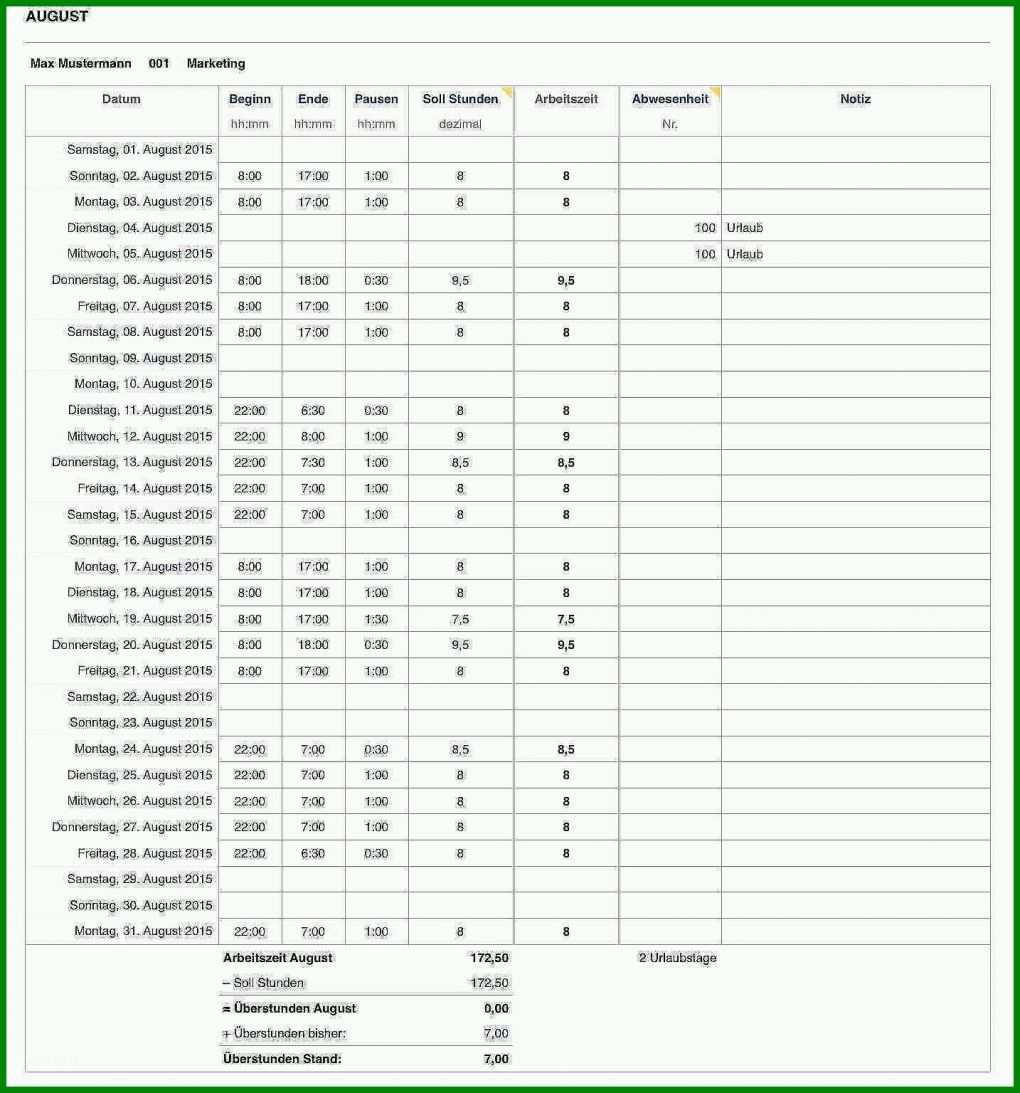 Sensationell Vorlage Zur Dokumentation Der Täglichen Arbeitszeit Datev Word 1434x1536
