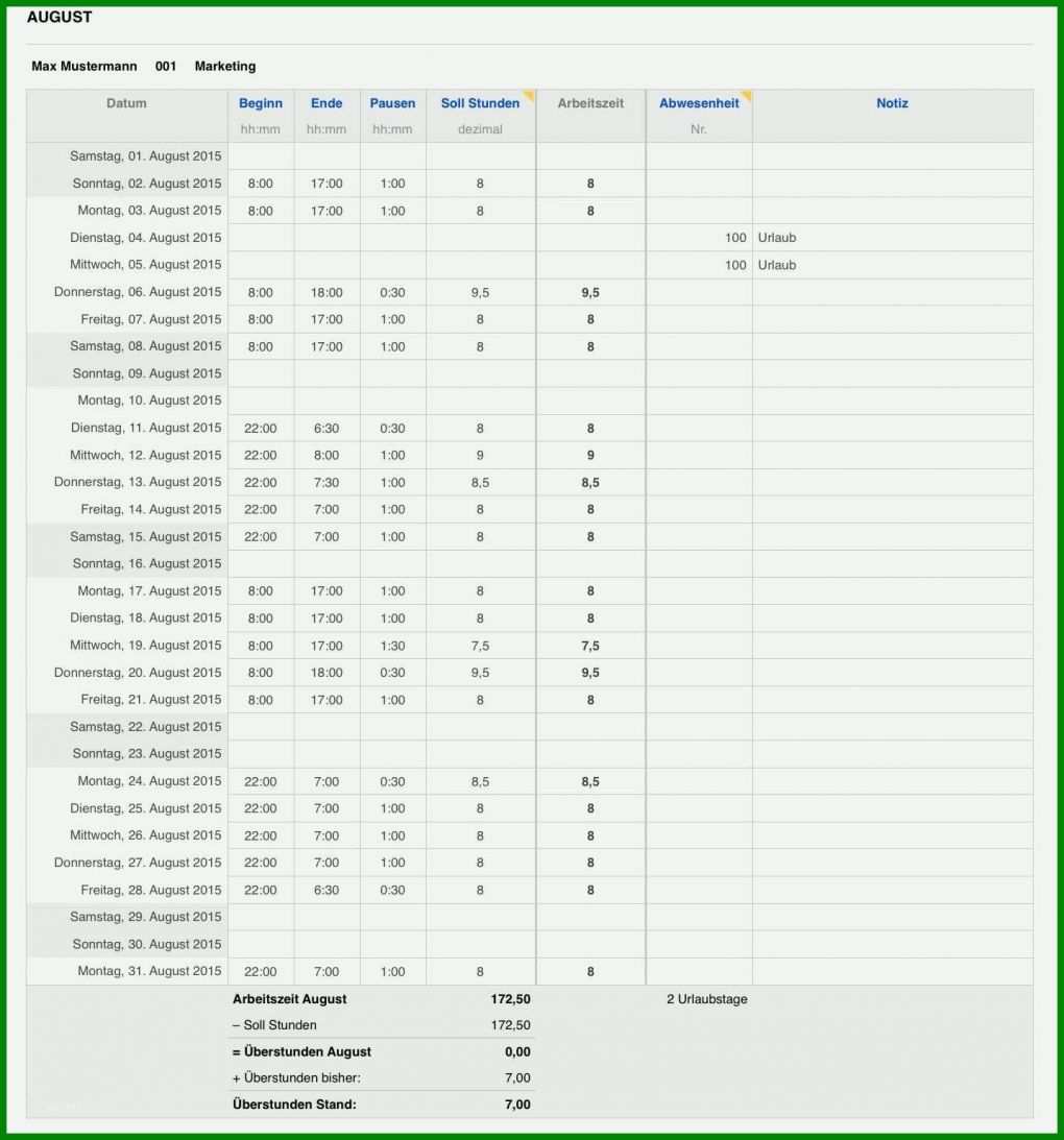 Fantastisch Vorlage Zur Dokumentation Der Täglichen Arbeitszeit Excel 1434x1536