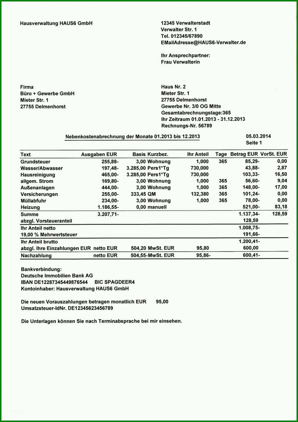 Angepasst Nebenkostenabrechnung Vorlage Vermieter 1240x1754