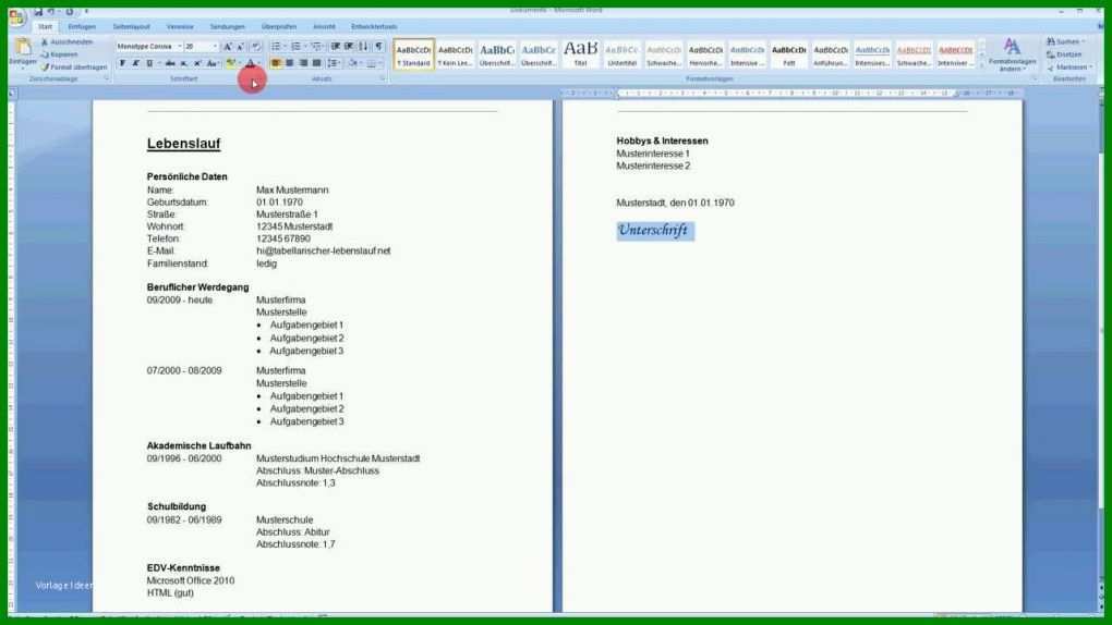 Wunderschönen Lebenslauf Vorlage Word 2007 1280x720