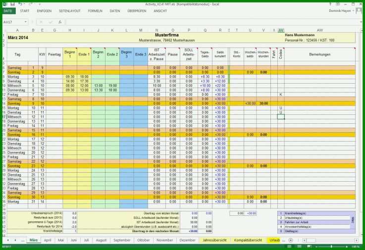 Bemerkenswert Excel Vorlage Arbeitszeit 1391x953