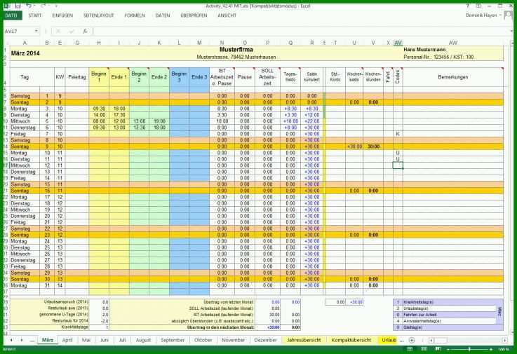 Empfohlen Excel Zeiterfassung Vorlage 1391x953