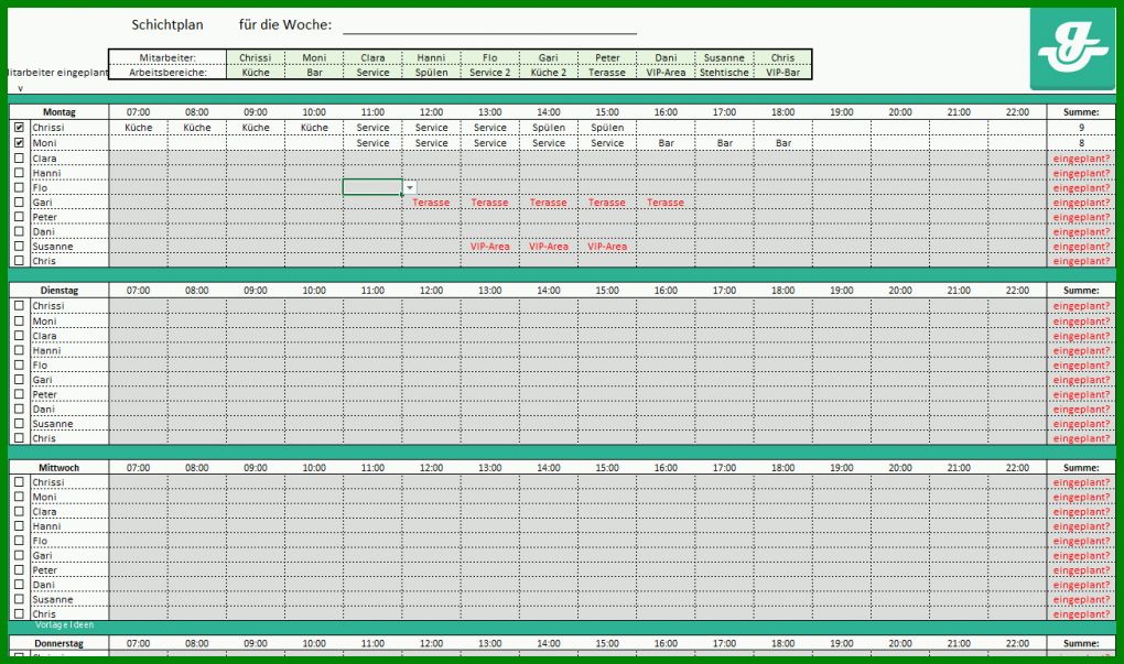 Faszinierend Dienstplan Vorlage Gastronomie 1304x771