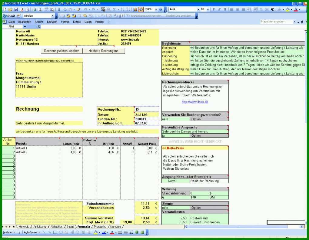 Singular Excel Vorlage Rechnung Kleinunternehmer Kostenlos 1280x994