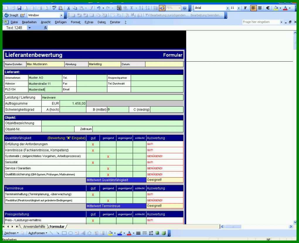 Moderne Lieferantenbewertung Excel Vorlage 1084x880