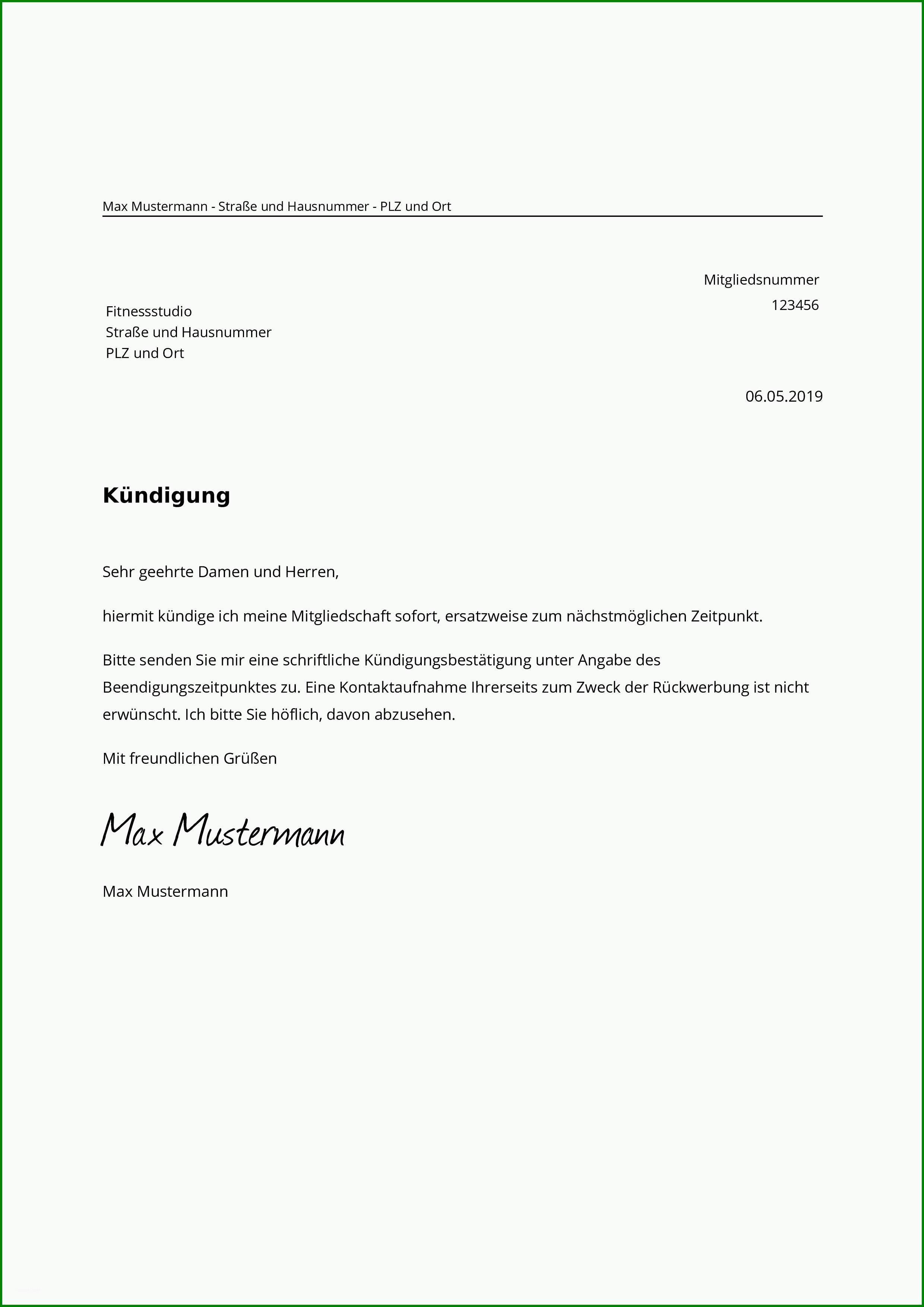 Tolle Fitnessstudio Kündigen Geprüfte Muster Vorlage Pdf Word 114553