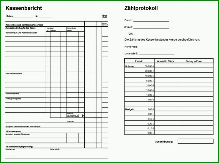Ausgezeichnet Kassenbericht Mit Zählprotokoll Vorlage 1546x1154