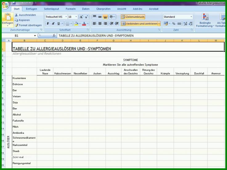 Ideal Allergene Tabelle Vorlage 800x600