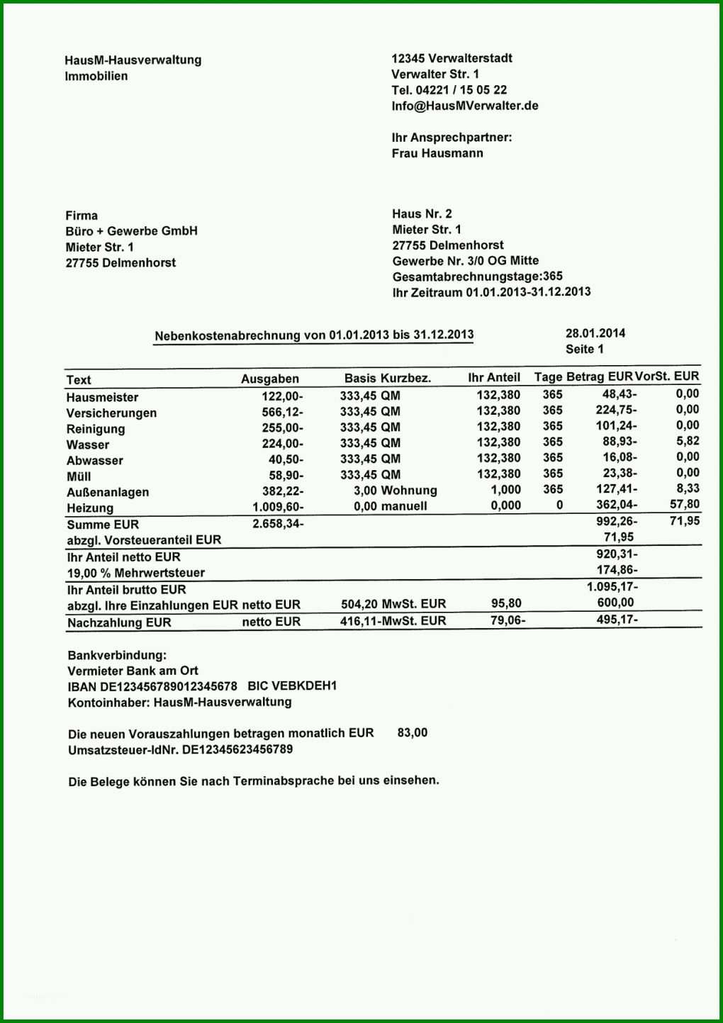 Toll Nebenkostenabrechnung Vermieter Vorlage 1240x1754