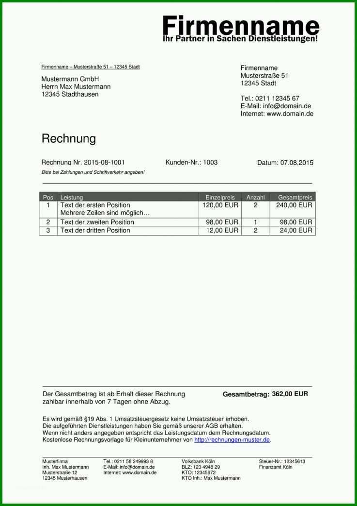 Neue Version Kleinunternehmer Rechnung Vorlage 900x1272