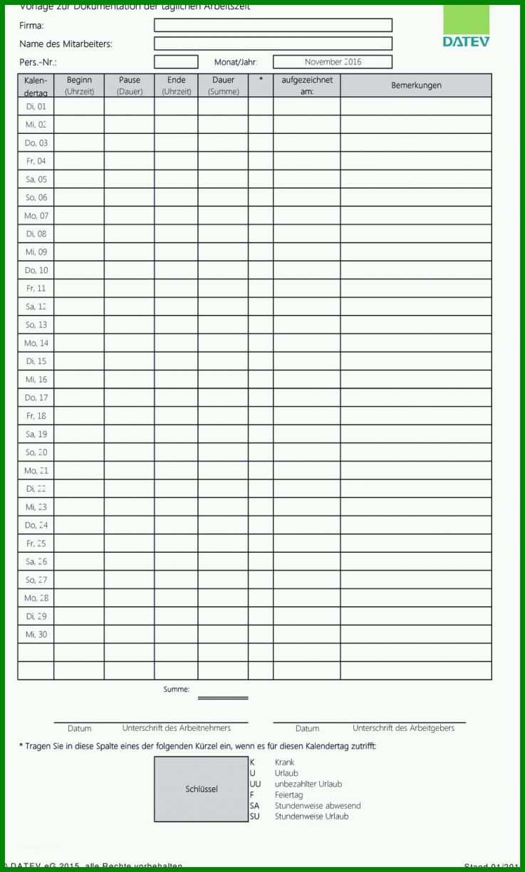 Datev Vorlage Zur Dokumentation Der Täglichen Arbeitszeit ...