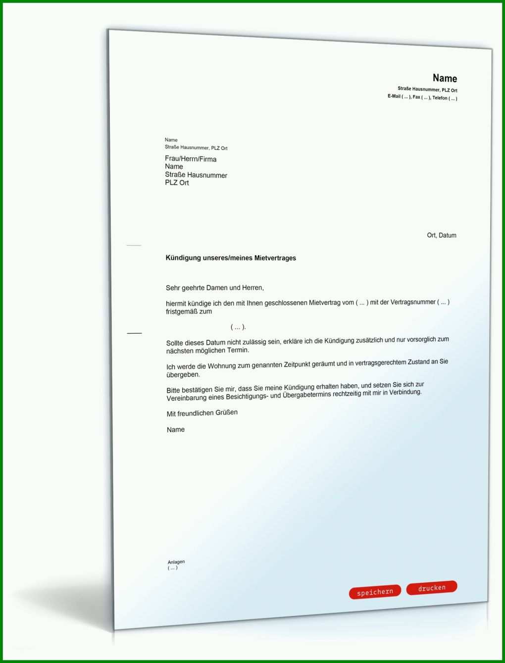 Atemberaubend Mietvertrag Kündigen Vorlage 1600x2100
