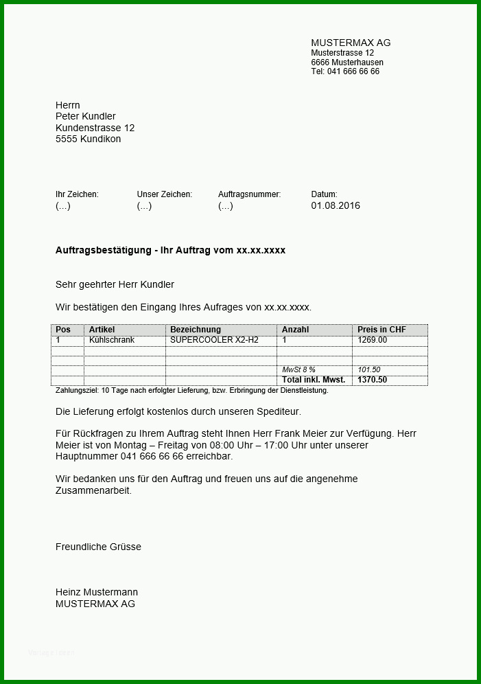 Hervorragen Auftragsbestätigung Vorlage 701x996